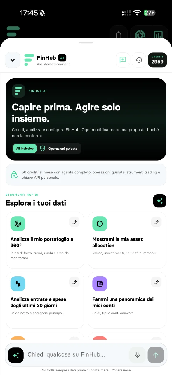 Schermata iniziale reale di FinHub AI con gli strumenti rapidi di analisi