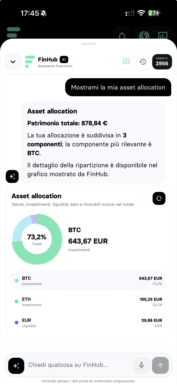 Risposta reale di FinHub AI con widget dell'asset allocation