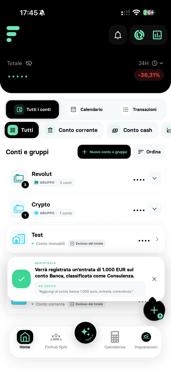 Comando rapido reale di FinHub AI con riepilogo della transazione registrata